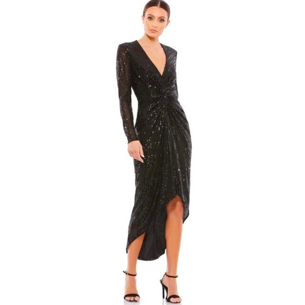 IEENA Mac Duggal #26549 black sequin knotted waist hi low formal dress Size 6